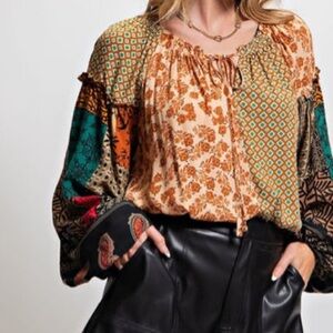 Easel‎ Boho Sz Small Blouse Patchwork Pattern